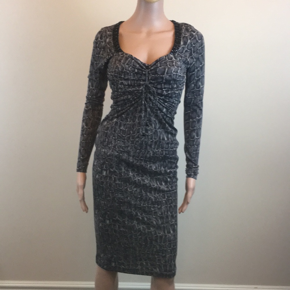 Blumarine Reptile Print Embellished Ruched Dress
